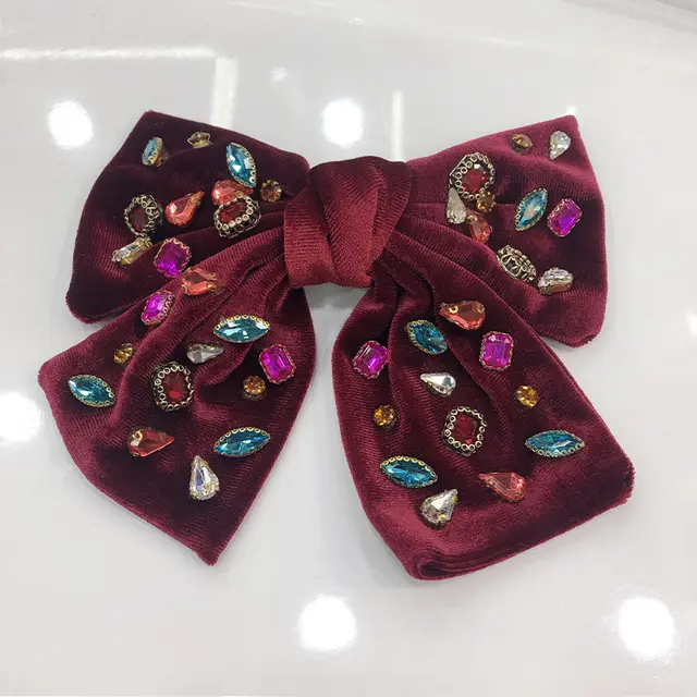 Big Bow Full Rhinestone Denim Retro Spring Clip Wine Red - Shop at LoveMi