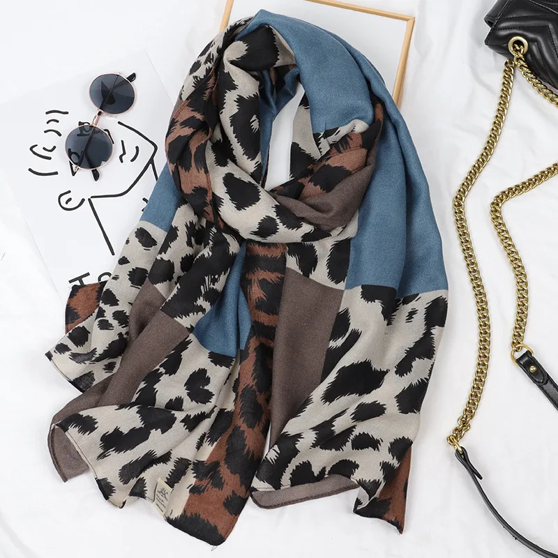 Leopard Print Cotton And Linen Scarf Women Printing Long Gauze Scarf - Blue