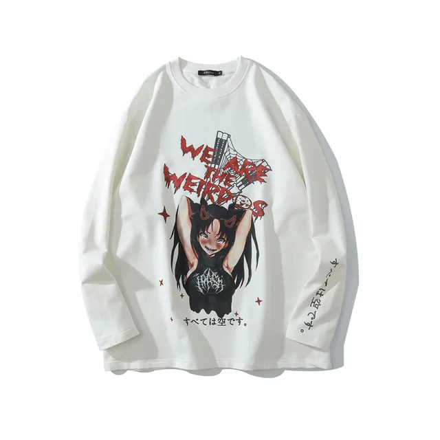 Cartoon Print Long Sleeve T Shirt Women Loose Round Neck White - Shop at LoveMi