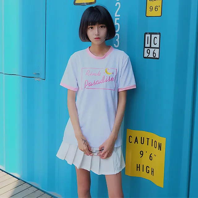 Letter Embroidery Sweet Color Matching Short Sleeved T Shirt White - Shop at LoveMi