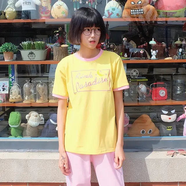 Letter Embroidery Sweet Color Matching Short Sleeved T Shirt Yellow - Shop at LoveMi