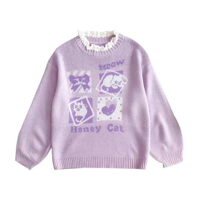 Flower Collar Loose Long Sleeved Cotton Sweater Purple - Shop at LoveMi