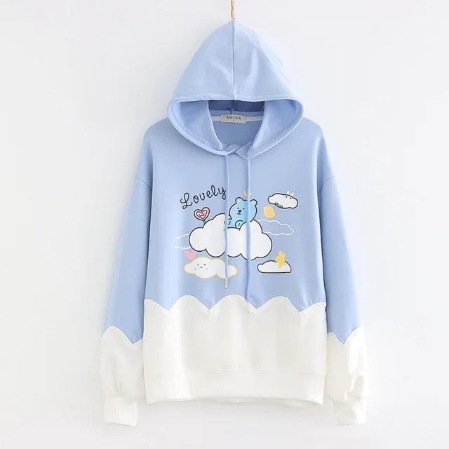 Printed Color blocking Thin Long sleeved Hooded Sweatshirt Blue - Shop at LoveMi