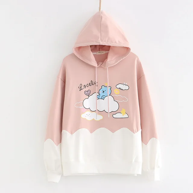 Printed Color blocking Thin Long sleeved Hooded Sweatshirt Pink - Shop at LoveMi