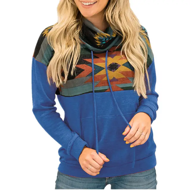 Sun Totem Printed Ethnic High neck Hooded Sweater Blue - Shop at LoveMi