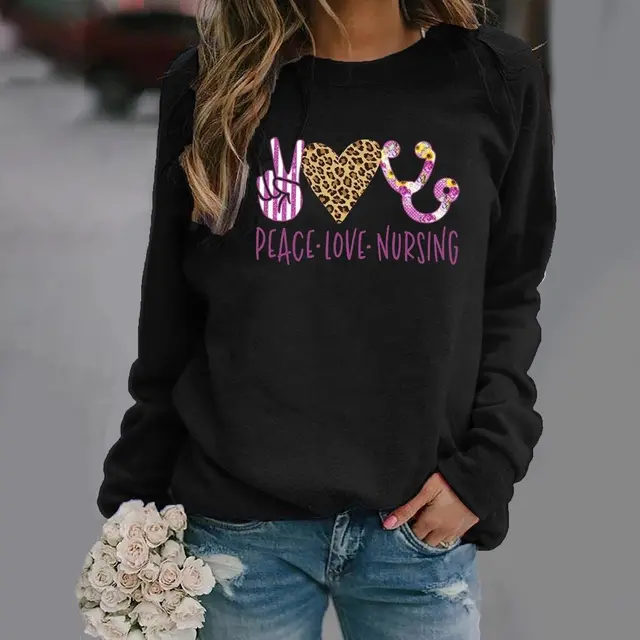 Pattern Printing Long Sleeved Round Neck Sweater Women Black - Shop at LoveMi