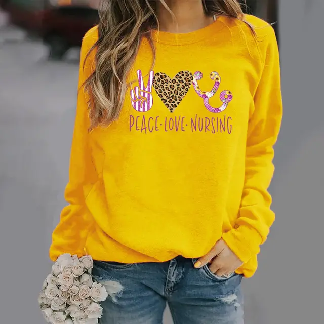 Pattern Printing Long Sleeved Round Neck Sweater Women Yellow - Shop at LoveMi