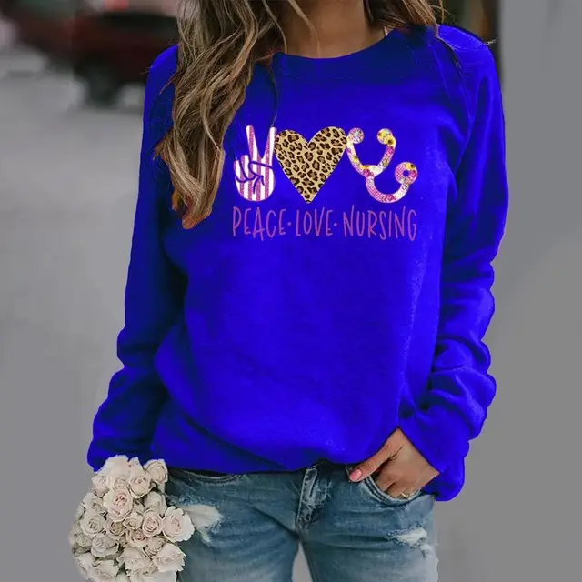 Pattern Printing Long Sleeved Round Neck Sweater Women Blue - Shop at LoveMi