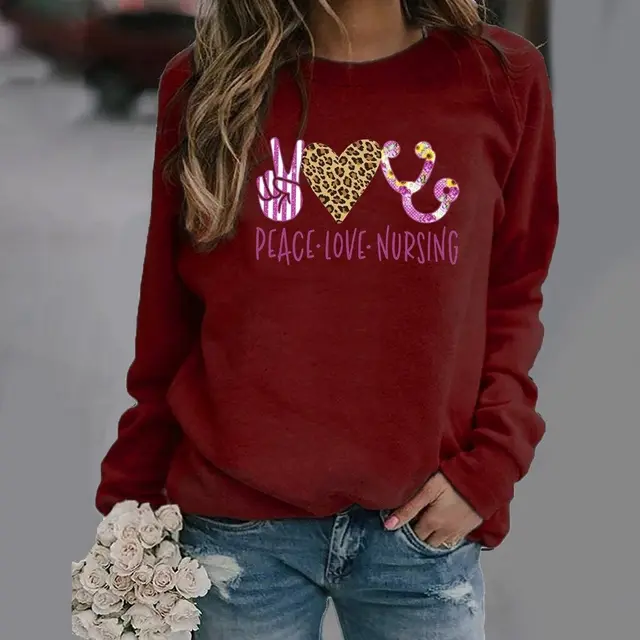 Pattern Printing Long Sleeved Round Neck Sweater Women Wine Red - Shop at LoveMi