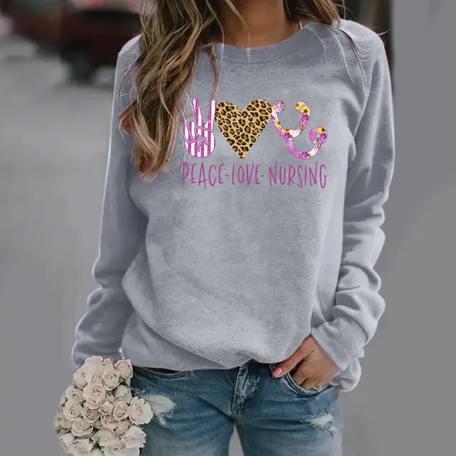 Pattern Printing Long Sleeved Round Neck Sweater Women Grey - Shop at LoveMi