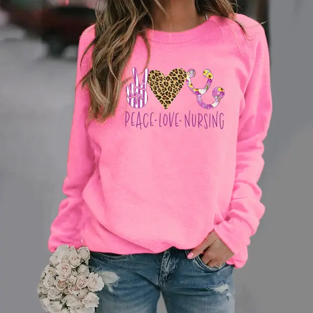 Pattern Printing Long Sleeved Round Neck Sweater Women Pink - Shop at LoveMi