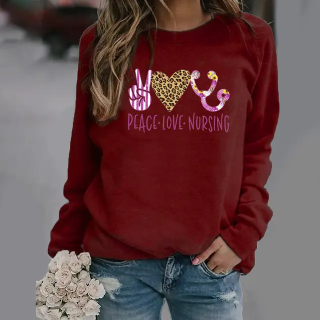 Pattern Printing Long Sleeved Round Neck Sweater Women Red Wine - Shop at LoveMi