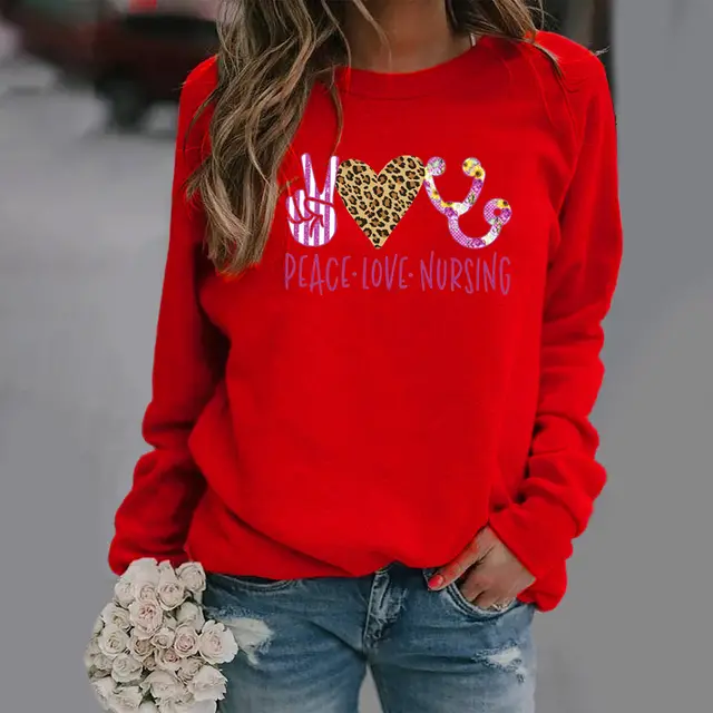 Pattern Printing Long Sleeved Round Neck Sweater Women Red - Shop at LoveMi