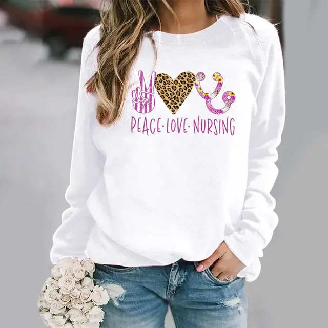 Pattern Printing Long Sleeved Round Neck Sweater Women White - Shop at LoveMi