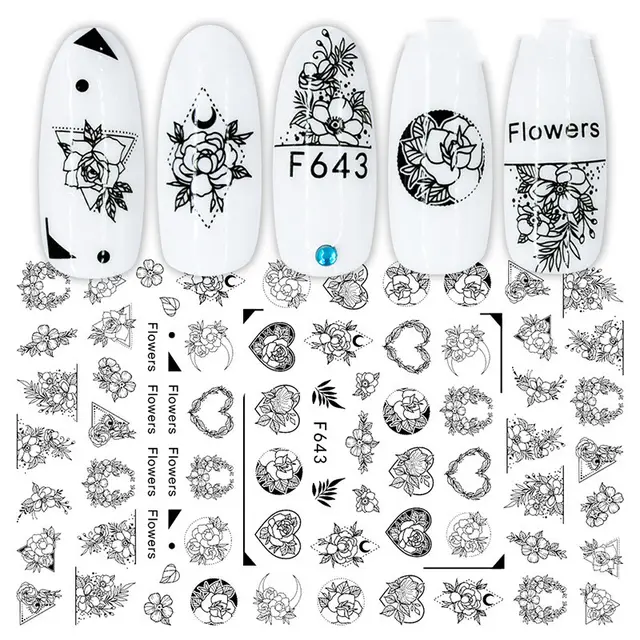 Black and White Flower Geometric Nail Sticker J - Shop at LoveMi