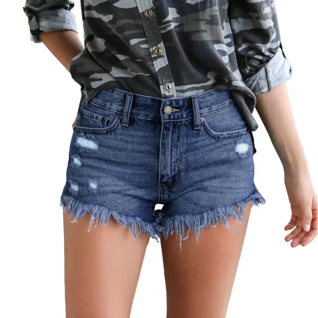 Fringed Ladies High Stretch Denim Short Dark Blue - Shop at LoveMi