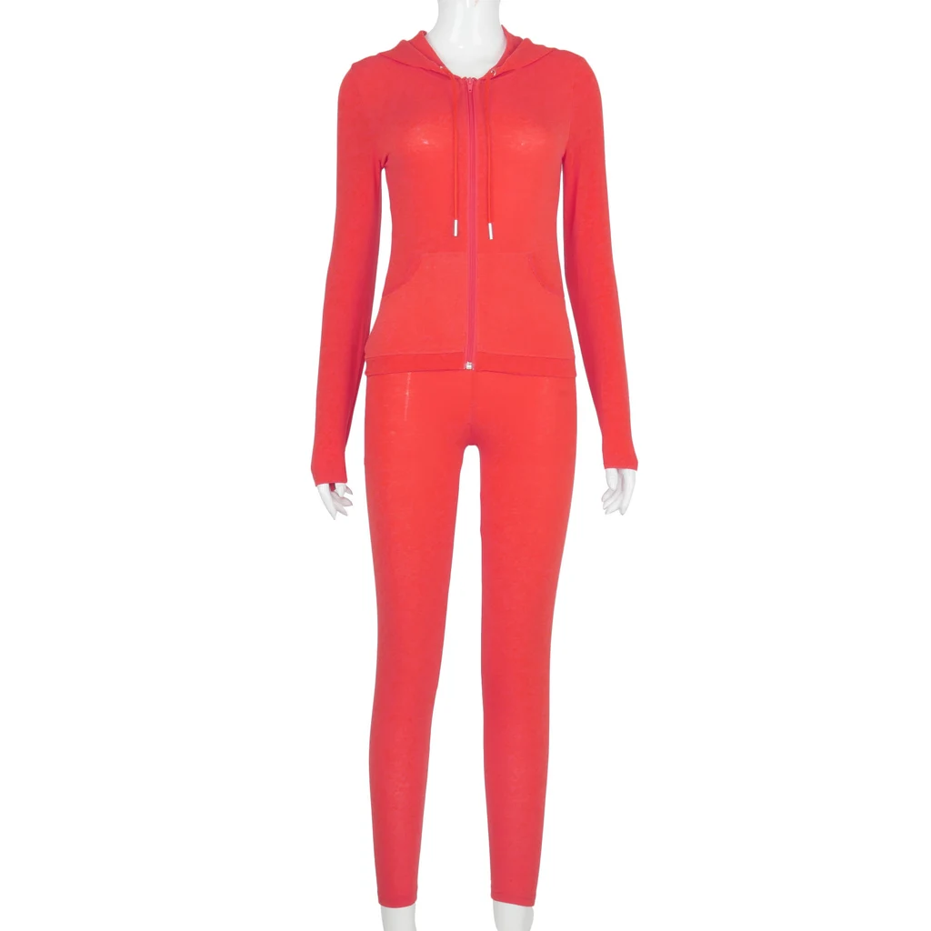 Hooded Top And Tight Pants Casual Suit - Red