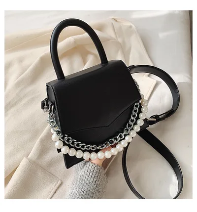 Korean Chain Pearl Portable Small Square Bag Black - Shop at LoveMi