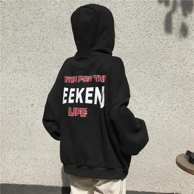 Hooded Zipper Pullover Sweatshirt With Front And Back Printed Letters Black - Shop at LoveMi