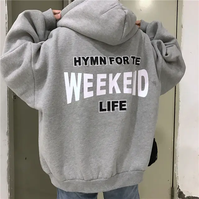 Hooded Zipper Pullover Sweatshirt With Front And Back Printed Letters Grey - Shop at LoveMi