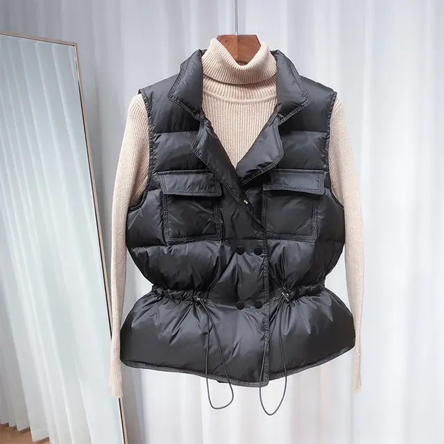 Small Korean Style Stand Up Collar Loose Waist Down Jacket Vest Waistcoat Vest Black - Shop at LoveMi