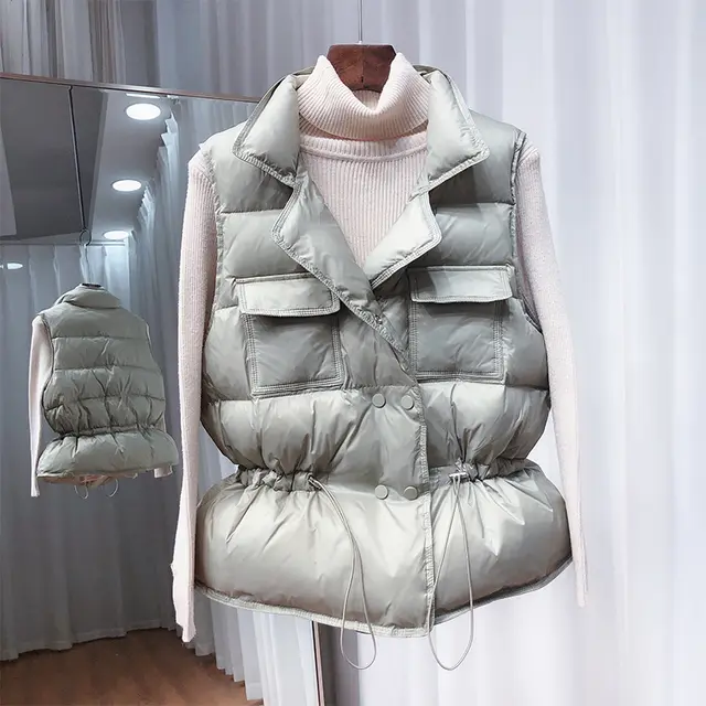 Small Korean Style Stand Up Collar Loose Waist Down Jacket Vest Waistcoat Vest Green - Shop at LoveMi