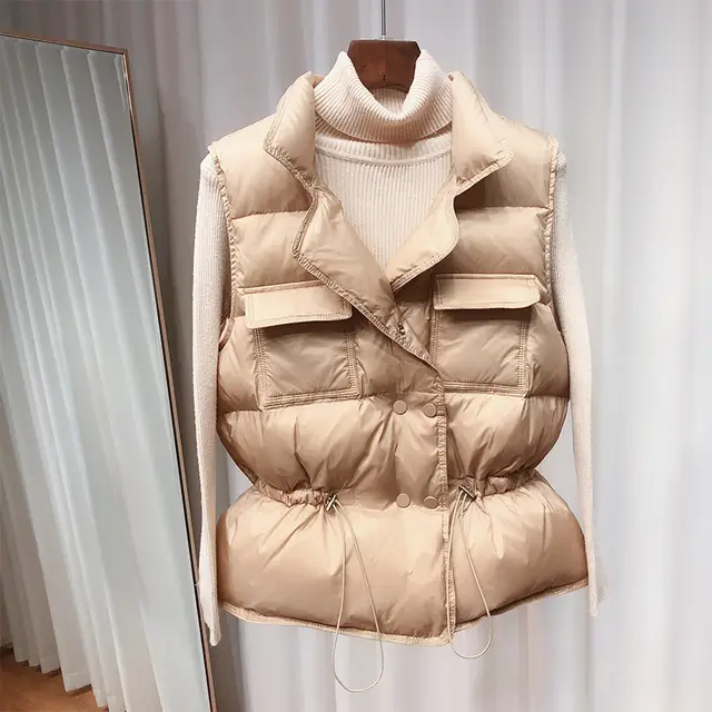 Small Korean Style Stand Up Collar Loose Waist Down Jacket Vest Waistcoat Vest Khaki - Shop at LoveMi