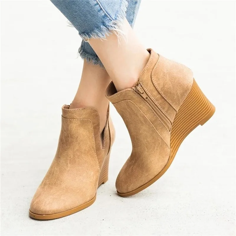 Wedge Heel Retro Roman Side Zipper Ladies Single Shoes Khaki - Shop at LoveMi