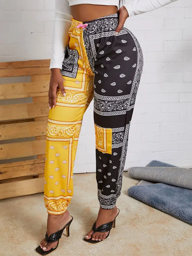 Paisley Contrasting Color Fashion Pants Double Pockets Positioning Print Yellow - Shop at LoveMi