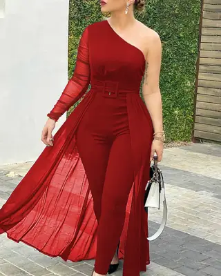 Jumpsuit Long Sleeve Chic Mesh Solid Patchwork Jumpsuits - Red