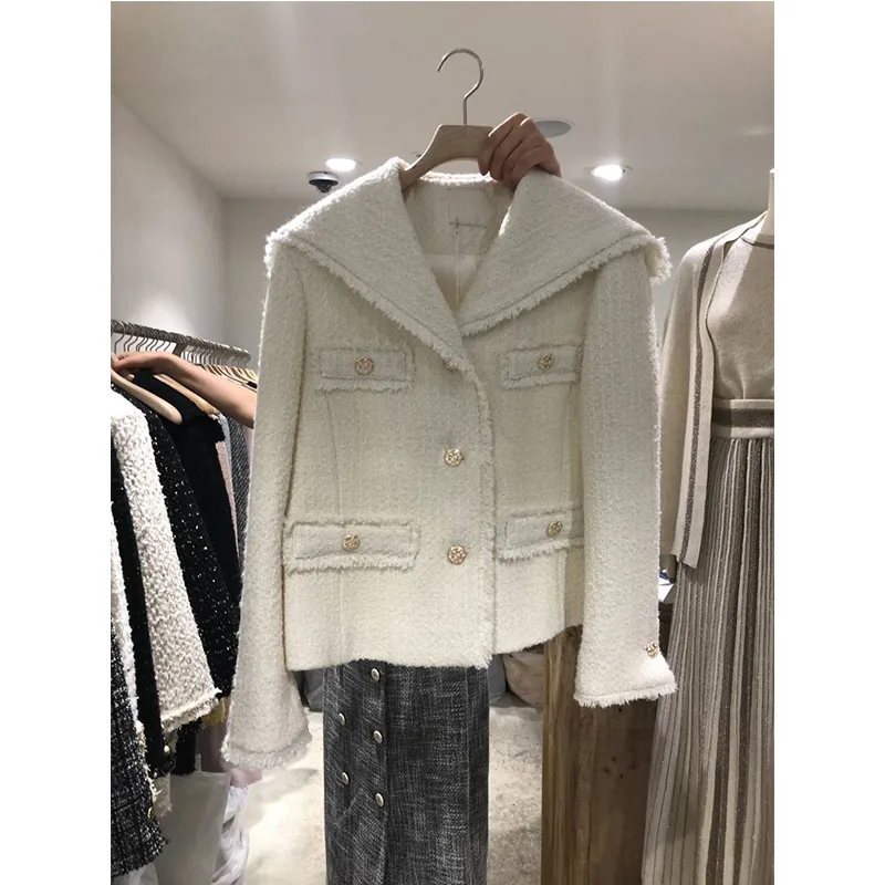 Fashionable Temperament Big Lapel Raw Edge Buttoned Short Jacket Female Trend - White
