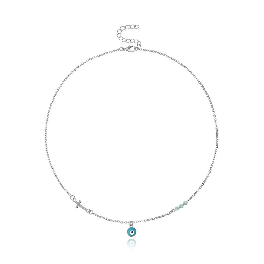 Pendant Fashion Cross Clavicle Chain Simple European And Beautiful Turquoise Necklace - Silver