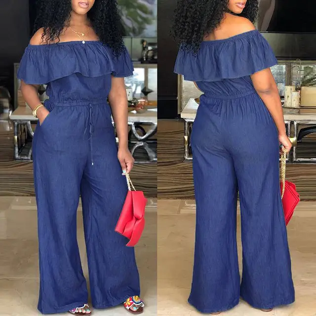 One shoulder Ruffled Plus Size One piece Jeans Dark Blue - Shop at LoveMi