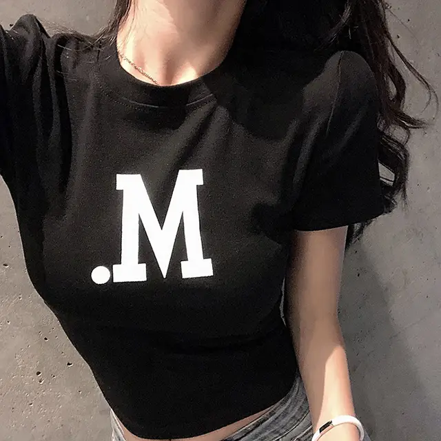 Wind Leaking Belly Button Short Sleeved Print All Match Slim T Shirt Black - Shop at LoveMi