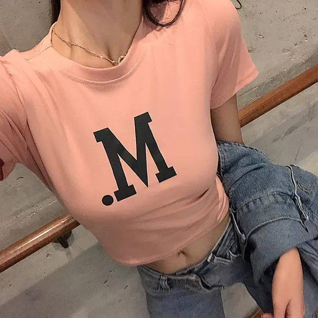 Wind Leaking Belly Button Short Sleeved Print All Match Slim T Shirt Pink - Shop at LoveMi