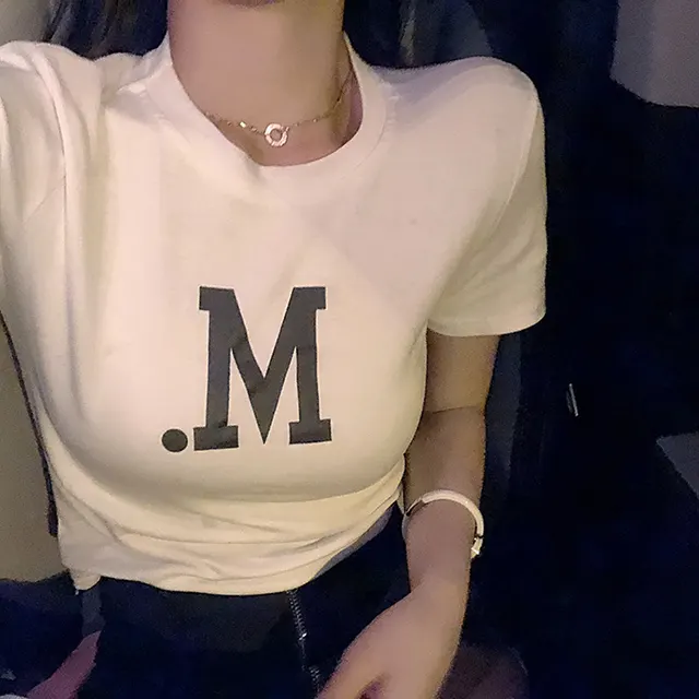 Wind Leaking Belly Button Short Sleeved Print All Match Slim T Shirt White - Shop at LoveMi