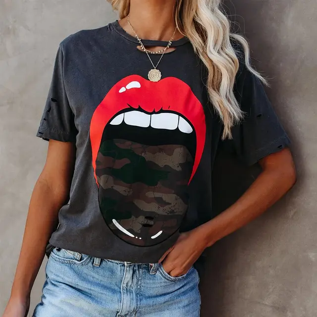 Camouflage Lip Print Round Neck Short Sleeves Dark Grey - Shop at LoveMi