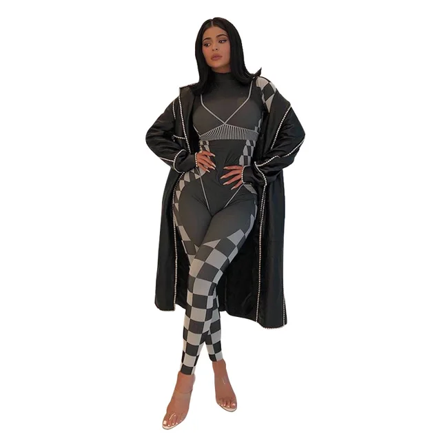 Printed Plaid Cross-Border Foreign Trade New Long-Sleeved Jumpsuit - Black