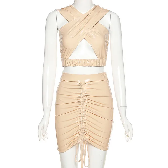The New Halter Halter Hollow Vest With Pleated Hip Skirt Khaki - Shop at LoveMi