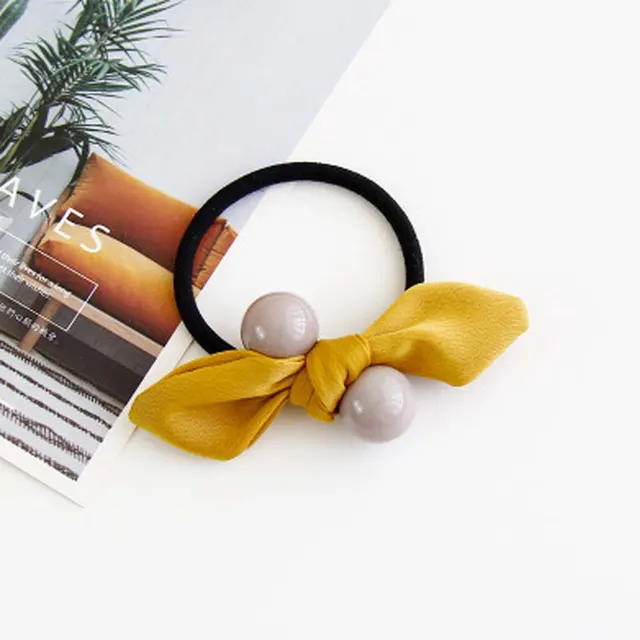 Fabric Bowknot Bunny Ears Candy Color Round Bead Ball Hair Tie Yellow - Shop at LoveMi
