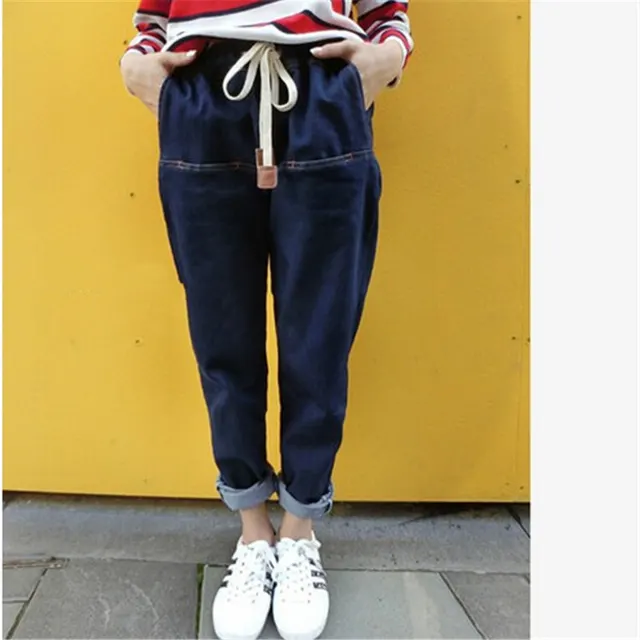 Elastic Waist Leather Rope Fashion All match Thin Wash Jeans Dark Blue - Shop at LoveMi