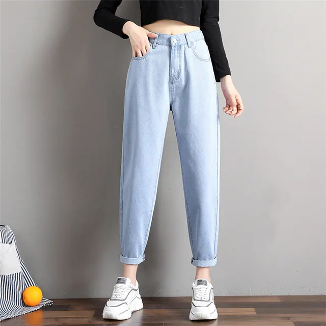 Spring Korean Style Loose Tight Waist Straight Leg Harem Pants Women Light Blue - Shop at LoveMi