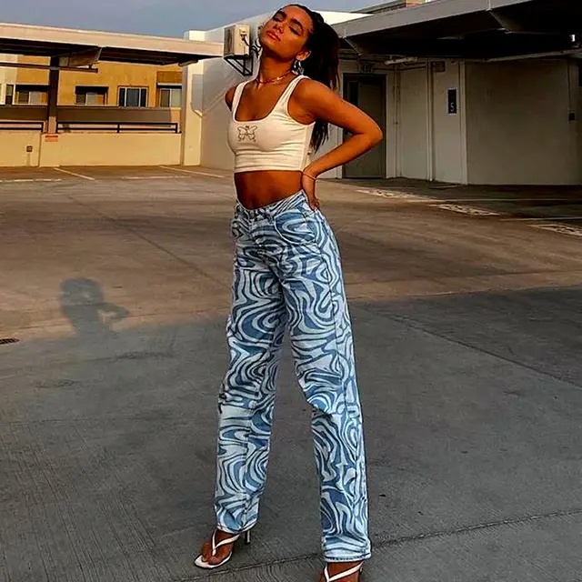 Fashion Women's Animal Print Feature Straight Loose Pants Blue - Shop at LoveMi