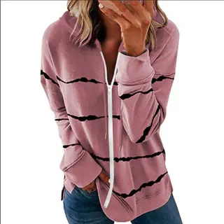 Women's Striped Printed Loose Hooded Sweater - Pink