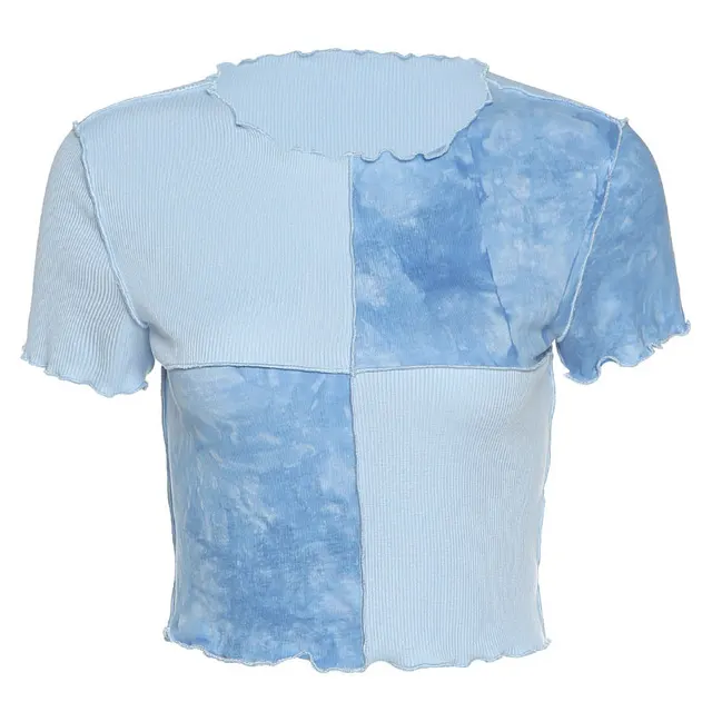 Fashion Stitching Round Neck T shirt With Wooden Ears Blue - Shop at LoveMi