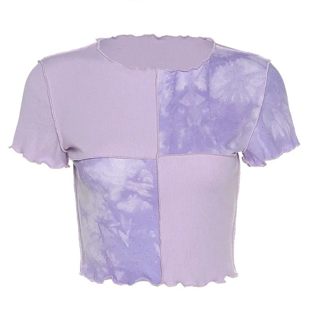 Fashion Stitching Round Neck T shirt With Wooden Ears Purple - Shop at LoveMi