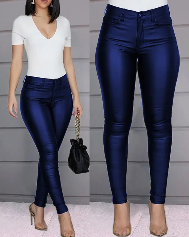 Pure Color Casual Sexy Feet Pants Women Trousers Blue - Shop at LoveMi