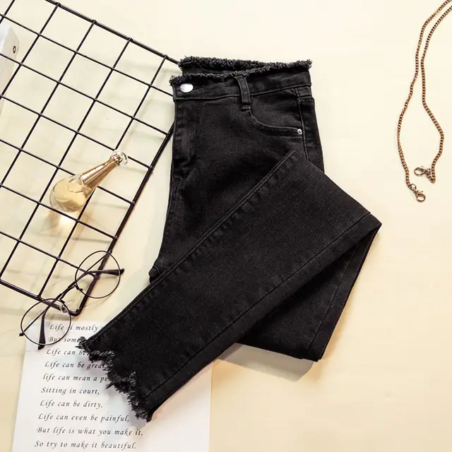 High Waist Elastic Trousers Jeans Women Ladies Pants Black - Shop at LoveMi