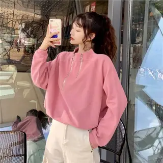 Short Stand Collar Drawstring Waist Long Sleeve Top - Pink