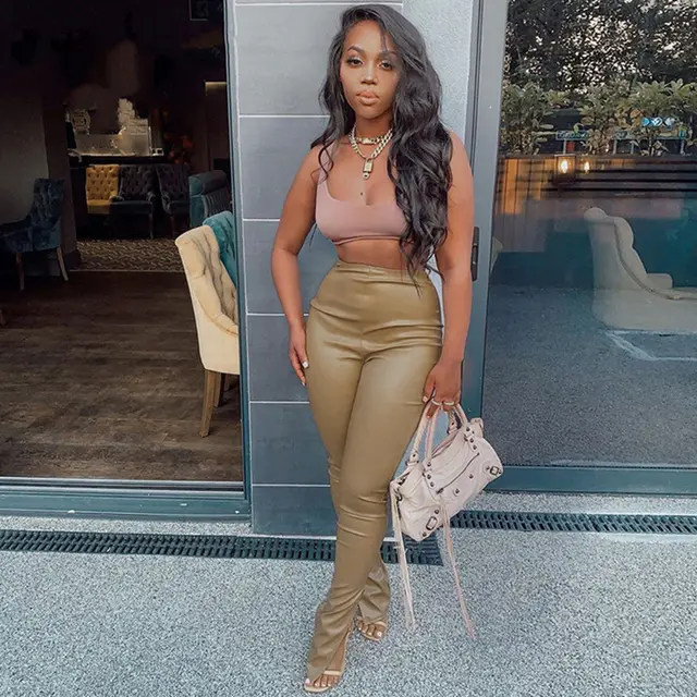 High Waist Stitching PU Leather Pants Fashion Bag Hip Split Slim Feet Leggings Khaki - Shop at LoveMi